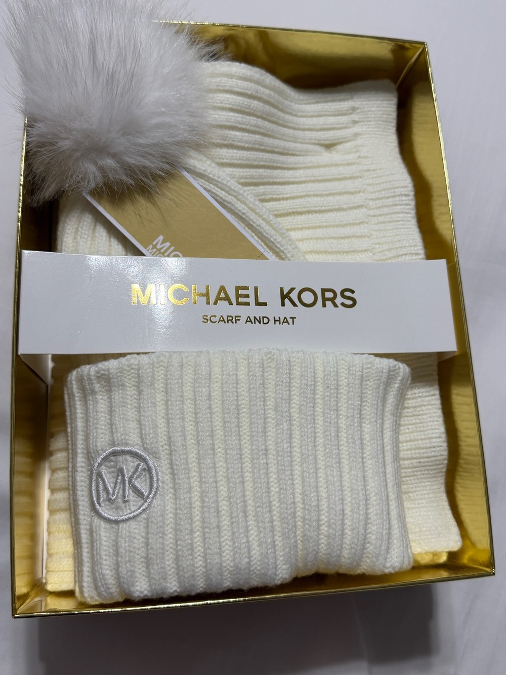 Michael Kors Kids Cream Ribbed Beanie and Scarf Set with Faux-Fur Pom